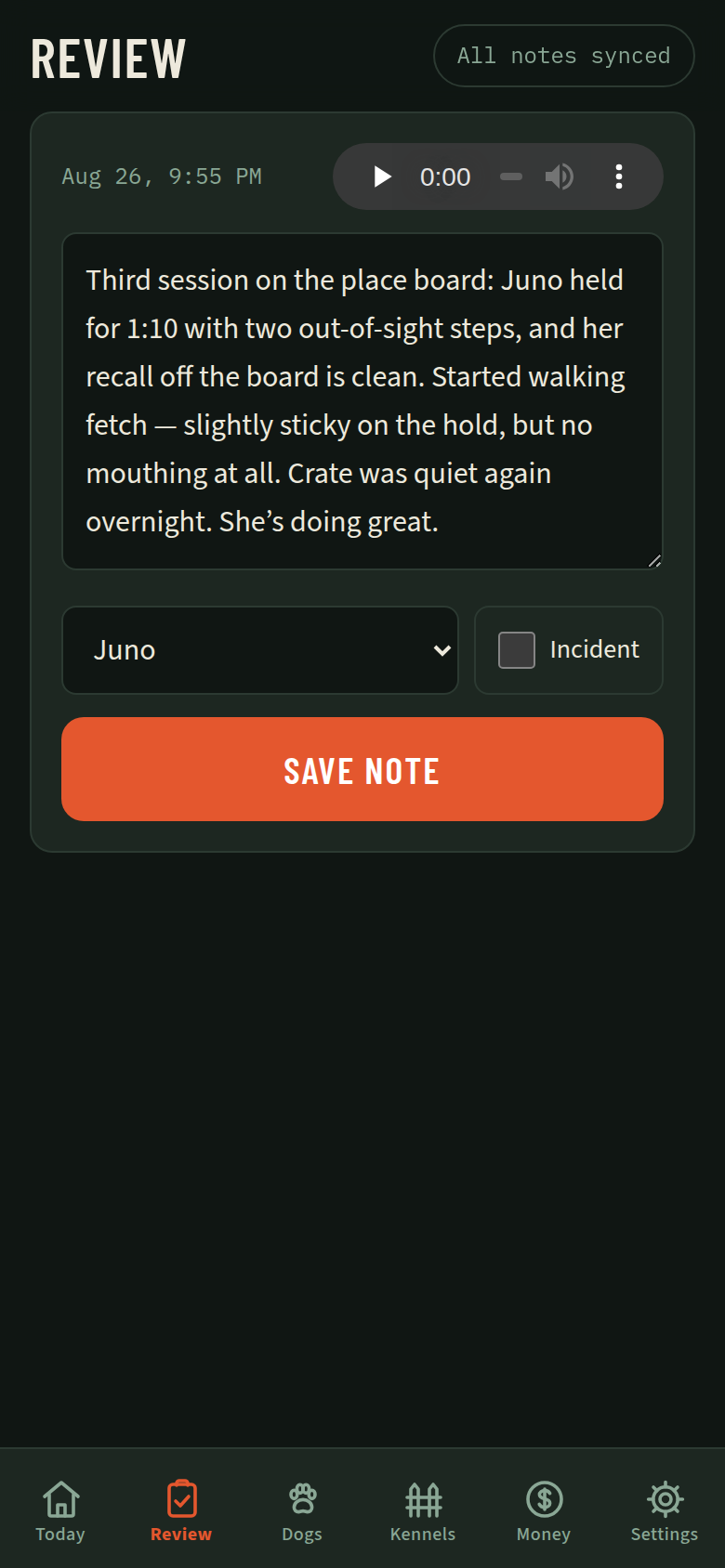 Review screen showing a written-up session note