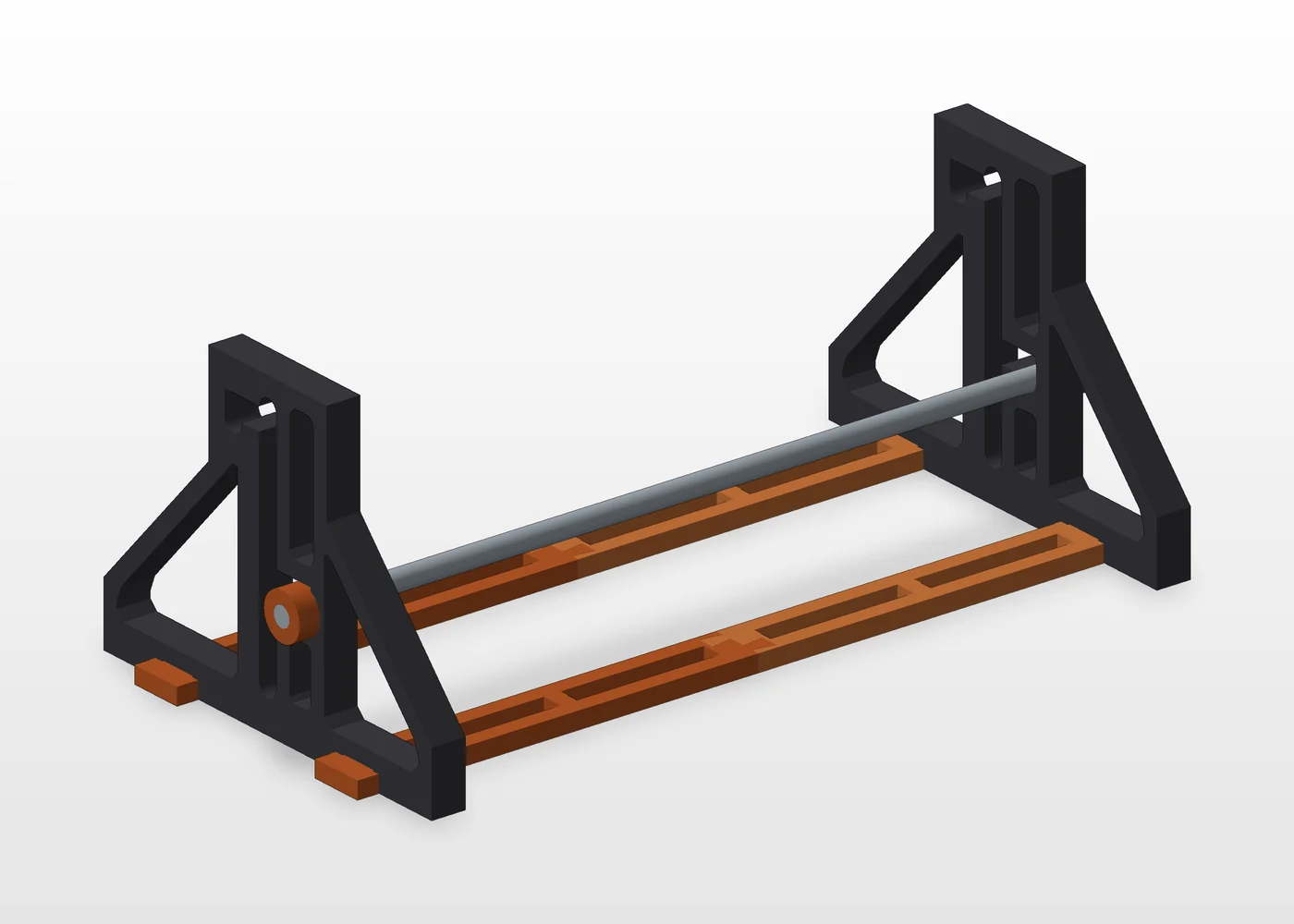 The Adjustable Tilt Stand: two black uprights on base beams with the steel pivot rod between them